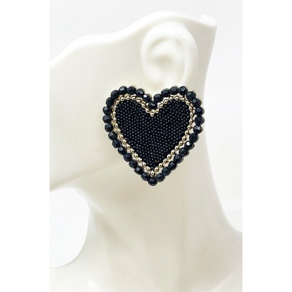Gold Tone Black Acrylic Beaded Large Heart Stud Pierced Earrings Valentines Day